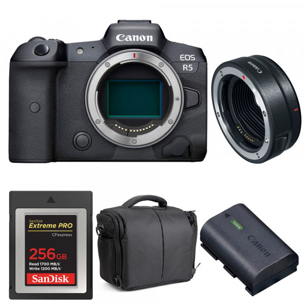 Appareil photo hybride Canon R5 + EF-EOS R + SanDisk 256GB Extreme PRO CFexpress Type B + Canon LP-E6NH + Sac-1