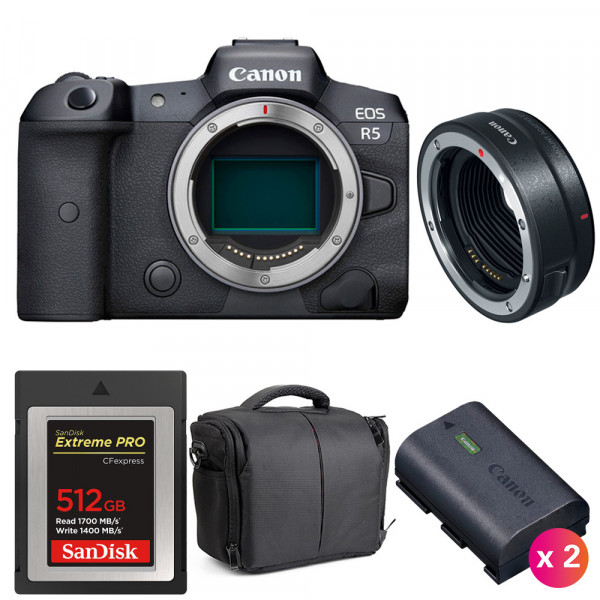 Canon EOS R5 + EF-EOS R + SanDisk 512GB Extreme PRO CFexpress Type B + 2 Canon LP-E6NH + Bag-1