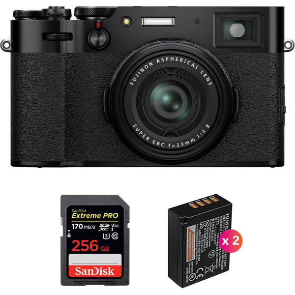 Fujifilm X100V Noir + SanDisk 256GB Extreme Pro UHS-I SDXC 170 MB/s + 2 Fujifilm NP-W126S - Appareil Compact Expert-1