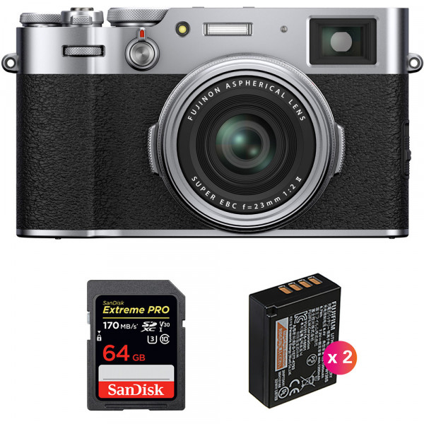 Cámara mirrorless Fujifilm X100V Silver + SanDisk 64GB Extreme Pro UHS-I SDXC 170 MB/s + 2 Fujifilm NP-W126S-1
