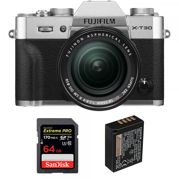 Appareil photo hybride Fujifilm XT30 + XF 18-55mm F2.8-4 R LM OIS Silver + SanDisk 64GB UHS-I SDXC 170 MB/s + Fujifilm NP-W126S-