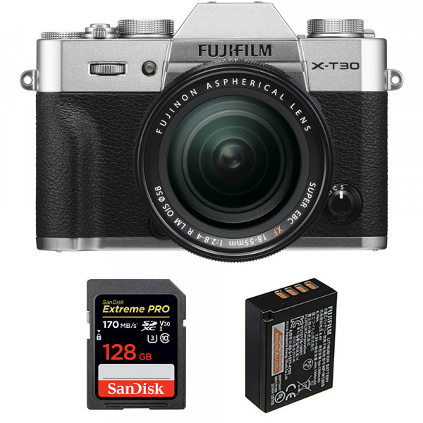 Appareil photo hybride Fujifilm XT30 + XF 18-55mm F2.8-4 R LM OIS Silver + SanDisk 128GB UHS-I SDXC 170 MB/s + Fujifilm NP-W126S