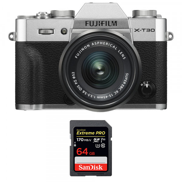 Cámara mirrorless Fujifilm XT30 + XC 15-45mm f/3.5-5.6 OIS PZ Silver + SanDisk 64GB UHS-I SDXC 170 MB/s-1