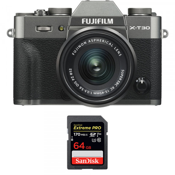 Cámara mirrorless Fujifilm XT30 + XC 15-45mm f/3.5-5.6 OIS PZ Charcoal + SanDisk 64GB UHS-I SDXC 170 MB/s-1