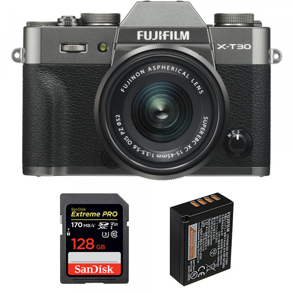Cámara mirrorless Fujifilm XT30 + XC 15-45mm f/3.5-5.6 OIS PZ Charcoal + SanDisk 128GB UHS-I SDXC 170 MB/s + NP-W126S-1