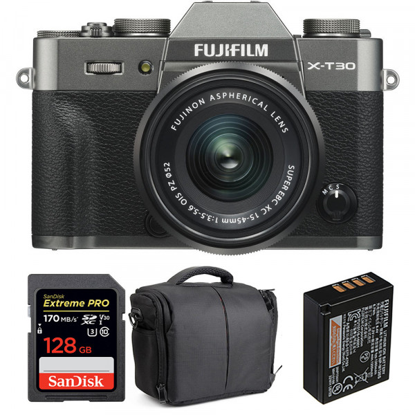 Appareil photo hybride Fujifilm XT30 + XC 15-45mm F3.5-5.6 OIS PZ Charcoal + SanDisk 128GB UHS-I 170 MB/s + NP-W126S + Sac-1