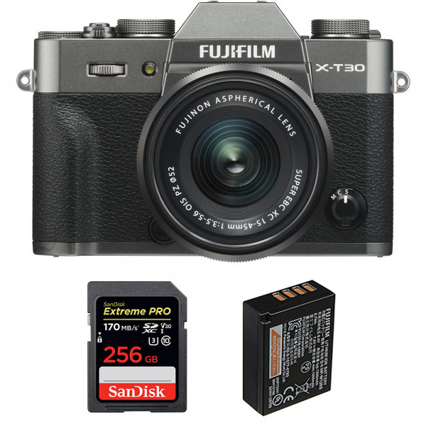 Cámara mirrorless Fujifilm XT30 + XC 15-45mm f/3.5-5.6 OIS PZ Charcoal + SanDisk 256GB UHS-I SDXC 170 MB/s + NP-W126S-1