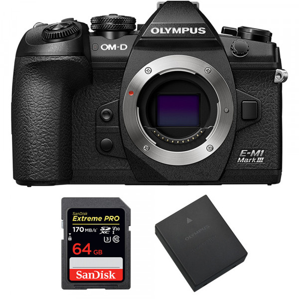 Olympus OMD E-M1 III Nu + SanDisk 64GB Extreme Pro UHS-I SDXC 170 MB/s + Olympus BLH-1 - Appareil Photo Hybride-1