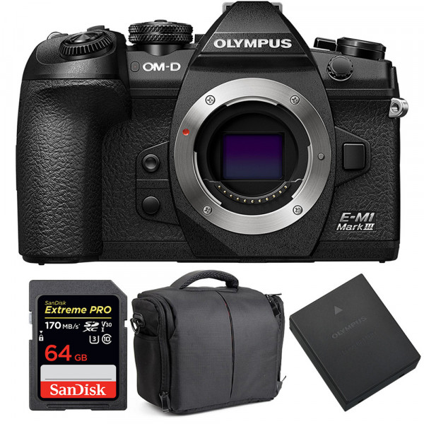 Olympus OMD E-M1 III Nu + SanDisk 64GB Extreme Pro UHS-I SDXC 170 MB/s + Olympus BLH-1 + Sac - Appareil Photo Hybride-1