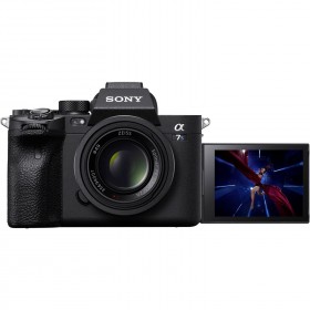 Sony Alpha 7S III mirrorless camera body with flip-out screen and Zeiss lens