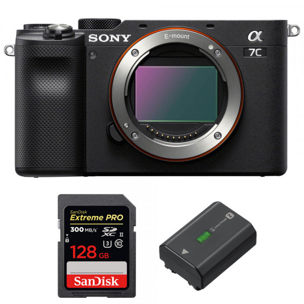 Appareil photo hybride Sony A7C Nu Noir + SanDisk 128GB Extreme PRO UHS-II SDXC 300 MB/s + Sony NP-FZ100-1