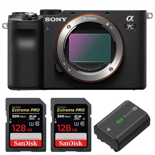 Appareil photo hybride Sony A7C Nu Noir + 2 SanDisk 128GB Extreme PRO UHS-II SDXC 300 MB/s + 1 Sony NP-FZ100-1