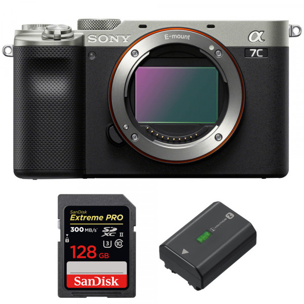 Appareil photo hybride Sony A7C Nu Silver + SanDisk 128GB Extreme PRO UHS-II SDXC 300 MB/s + Sony NP-FZ100-1