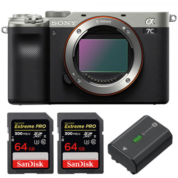 Appareil photo hybride Sony A7C Nu Silver + 2 SanDisk 64GB Extreme PRO UHS-II SDXC 300 MB/s + 1 Sony NP-FZ100-1