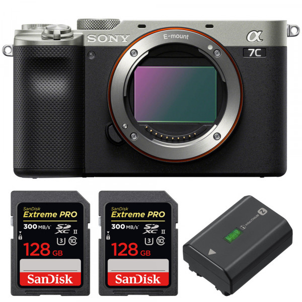 Appareil photo hybride Sony A7C Nu Silver + 2 SanDisk 128GB Extreme PRO UHS-II SDXC 300 MB/s + 1 Sony NP-FZ100-1
