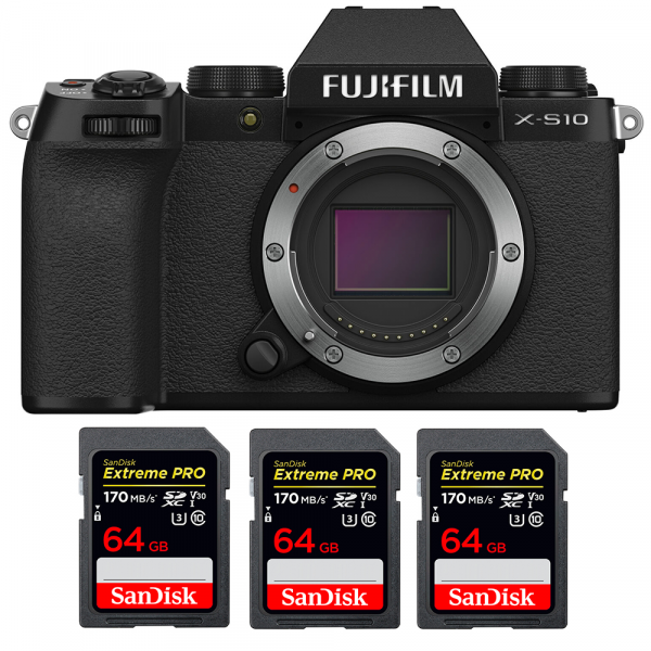 Fujifilm X-S10 Body + 3 SanDisk 64GB Extreme Pro UHS-I SDXC 170 MB/s-1