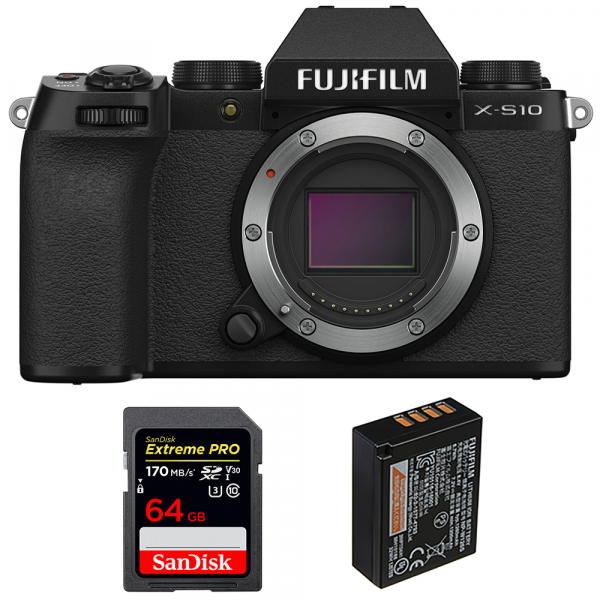 Cámara mirrorless Fujifilm X-S10 ( XS10 ) Cuerpo + SanDisk 64GB Extreme Pro UHS-I SDXC 170 MB/s + Fujifilm NP-W126S-1
