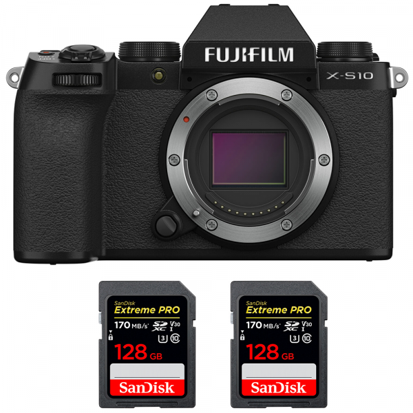 Cámara mirrorless Fujifilm X-S10 ( XS10 ) Cuerpo + 2 SanDisk 128GB Extreme Pro UHS-I SDXC 170 MB/s-1