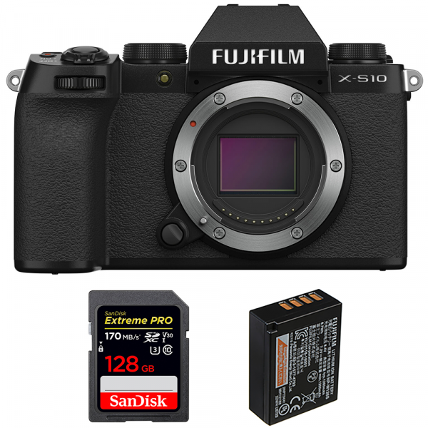 Appareil photo hybride Fujifilm X-S10 ( XS10 ) Nu + SanDisk 128GB Extreme Pro UHS-I SDXC 170 MB/s + Fujifilm NP-W126S-1