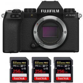 Cámara mirrorless Fujifilm X-S10 ( XS10 ) Cuerpo + 3 SanDisk 256GB Extreme Pro UHS-I SDXC 170 MB/s-1