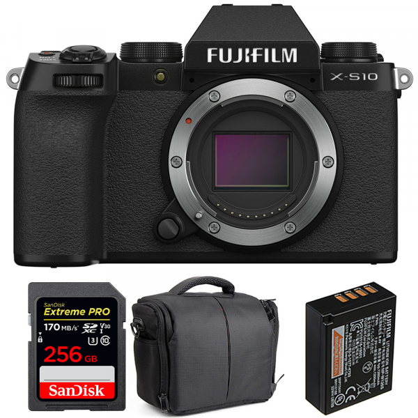 Appareil photo hybride Fujifilm X-S10 ( XS10 ) Nu + SanDisk 256GB Extreme Pro UHS-I SDXC 170 MB/s + Fujifilm NP-W126S + Sac-1