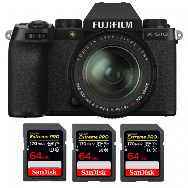 Cámara mirrorless Fujifilm X-S10 ( XS10 ) + XF 18-55mm f/2.8-4 R LM OIS + 3 SanDisk 64GB Extreme Pro UHS-I SDXC 170 MB/s-1