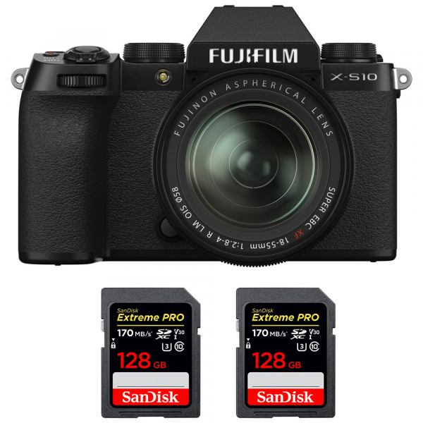 Appareil photo hybride Fujifilm X-S10 ( XS10 ) + XF 18-55mm F2.8-4 R LM OIS + 2 SanDisk 128GB Extreme Pro UHS-I SDXC 170 MB/s-1