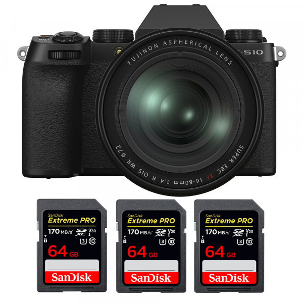 Cámara mirrorless Fujifilm X-S10 ( XS 10 ) + XF 16-80 F/4 WR + 3 SanDisk 64GB Extreme Pro UHS-I SDXC 170 MB/s-1