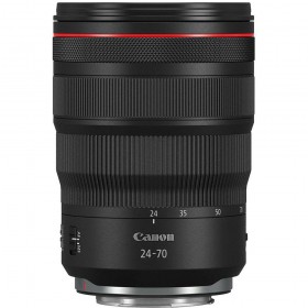 Canon RF 24-70mm f/2.8L IS USM lens with RF mount, showing zoom range and switches