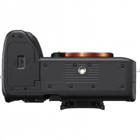 Sony Alpha 7 IV mirrorless camera body showing top view with control buttons and hot shoe Sony Alpha 7 IV mirrorless camera body showing top view with control buttons and hot shoe