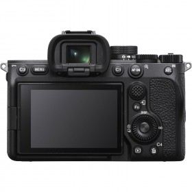 Sony Alpha 7 IV back view showcasing controls, LCD screen, and viewfinder Sony Alpha 7 IV back view showcasing controls, LCD screen, and viewfinder