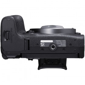 Top view of Canon EOS R10 body, showcasing RF mount, controls, and textured grip for easy handling Top view of Canon EOS R10 body, showcasing RF mount, controls, and textured grip for easy handling
