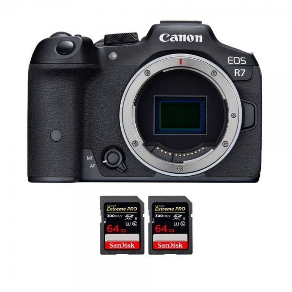 Canon EOS R7 + 2 SanDisk 64GB Extreme PRO UHS-II SDXC 300 MB/s - Cámara mirrorless Canon Canon EOS R7 1.260,00 € MCZ DIRECT