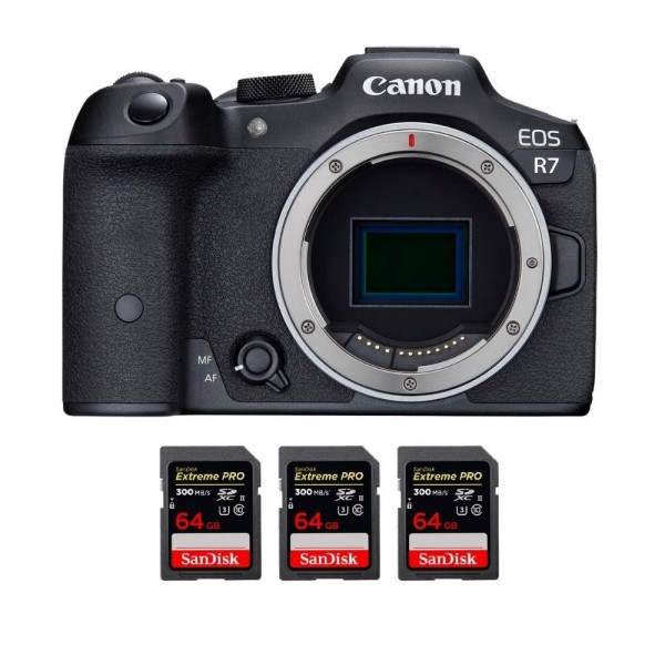 Canon EOS R7 + 3 SanDisk 64GB Extreme PRO UHS-II SDXC 300 MB/s - Cámara mirrorless Canon Canon EOS R7 1.354,00 € MCZ DIRECT
