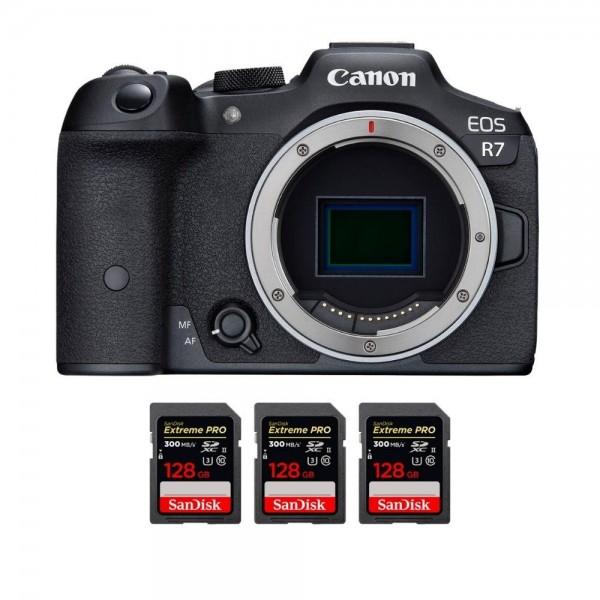 Canon EOS R7 + 3 SanDisk 128GB Extreme PRO UHS-II SDXC 300 MB/s - Cámara Híbrida|MCZ DIRECT