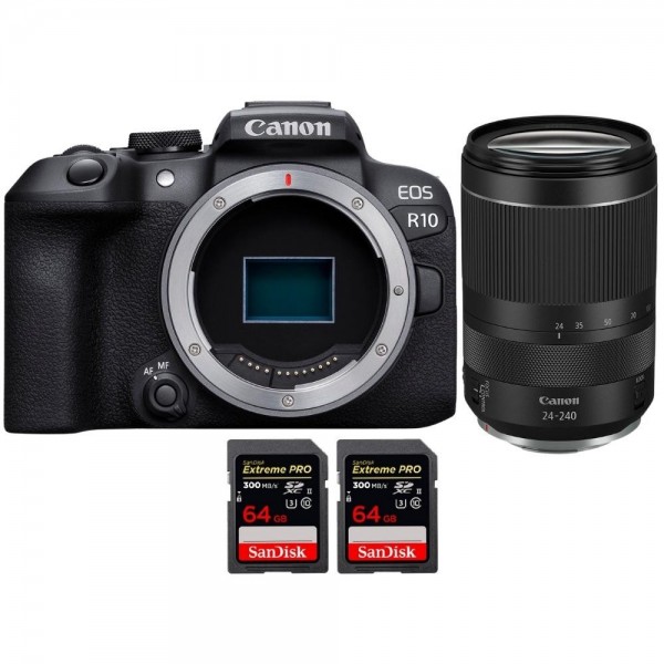 Canon EOS R10 + RF 24-240mm F4-6.3 IS USM + 2 SanDisk 64GB Extreme PRO UHS-II SDXC 300 MB/s - Cámara evil APS-C|MCZ DIRECT