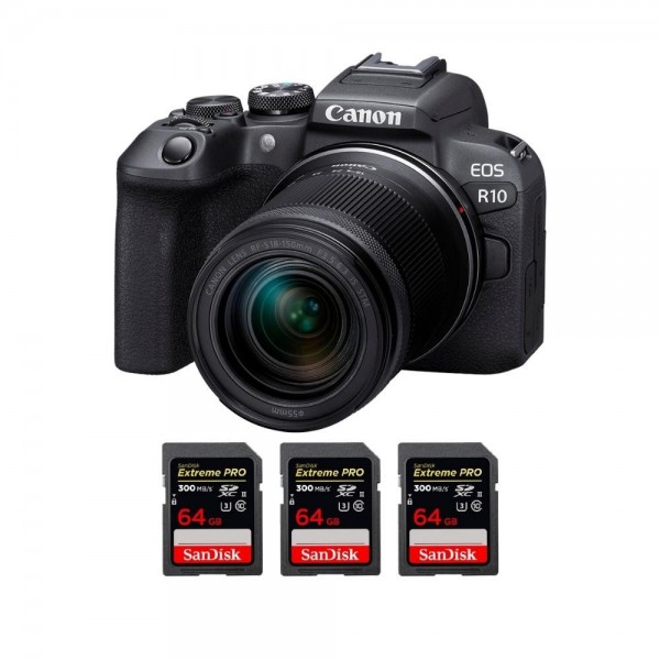 Canon EOS R10 + RF-S 18-150mm F4.5-6.3 IS STM + 3 SanDisk 64GB Extreme PRO UHS-II SDXC 300 MB/s - Cámara evil APS-C|MCZ DIRECT