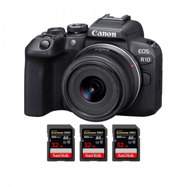 Canon EOS R10 + RF-S 18-45mm F4.5-6.3 IS STM + 3 SanDisk 32GB Extreme PRO UHS-II SDXC 300 MB/s - Appareil Photo Hybride APS-C|MCZ DIRECT
