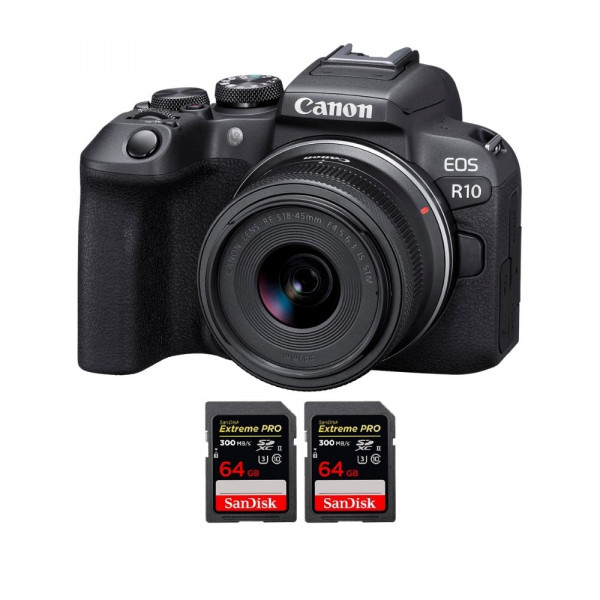 Canon EOS R10 + RF-S 18-45mm F4.5-6.3 IS STM + 2 SanDisk 64GB Extreme PRO UHS-II SDXC 300 MB/s - Cámara evil APS-C-1