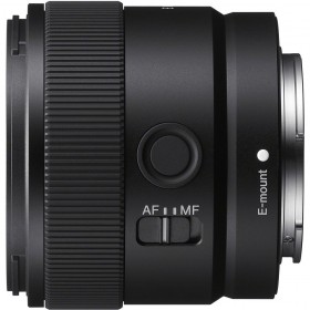 Sony E 11mm F1.8 lens showing E-mount, AF/MF switch, and sleek design for APS-C sensors Sony E 11mm F1.8 lens showing E-mount, AF/MF switch, and sleek design for APS-C sensors
