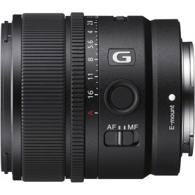 Sony E 15mm F1.4 G lens showing E-mount, focus switch, and aperture ring with textured grip Sony E 15mm F1.4 G lens showing E-mount, focus switch, and aperture ring with textured grip