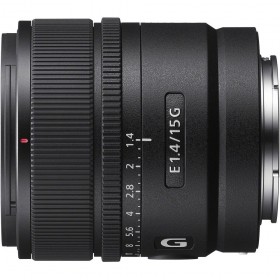 Sony E 15mm F1.4 G lens showing focus ring and aperture settings, designed for APS-C sensors Sony E 15mm F1.4 G lens showing focus ring and aperture settings, designed for APS-C sensors
