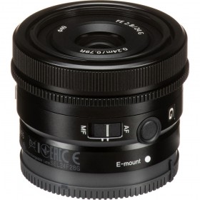 Sony FE 24mm F2.8 G lens with E-mount and focus controls, showcasing compact design and quality optics