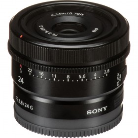 Sony FE 24mm F2.8 G lens with aperture and focus rings visible, ideal for full-frame cameras