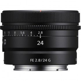 Sony FE 24mm F2.8 G lens with focus and aperture rings visible, designed for full-frame cameras