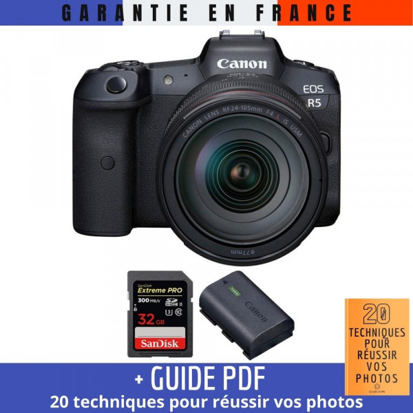 Canon R5 + RF 24-105mm F4L IS USM + SanDisk 32GB Extreme PRO UHS-II SDXC 300 MB/s + Canon LP-E6NH - Appareil Photo Professionnel