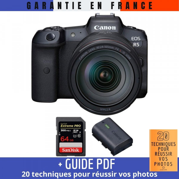Canon R5 + RF 24-105mm F4L IS USM + SanDisk 64GB Extreme PRO UHS-II SDXC 300 MB/s + Canon LP-E6NH - Appareil Photo Professionnel