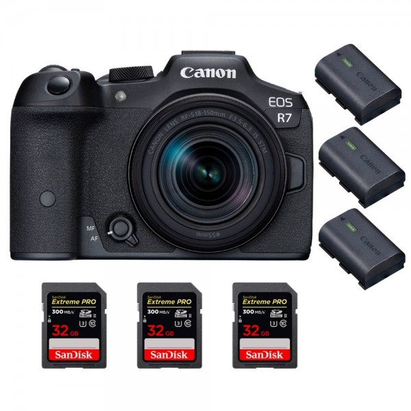 Canon EOS R7 + RF-S 18-150mm STM + 3 SanDisk 32GB Extreme PRO UHS-II SDXC 300 MB/s + 3 Canon LP-E6NH - Appareil Photo Hybride|MCZ DIRECT