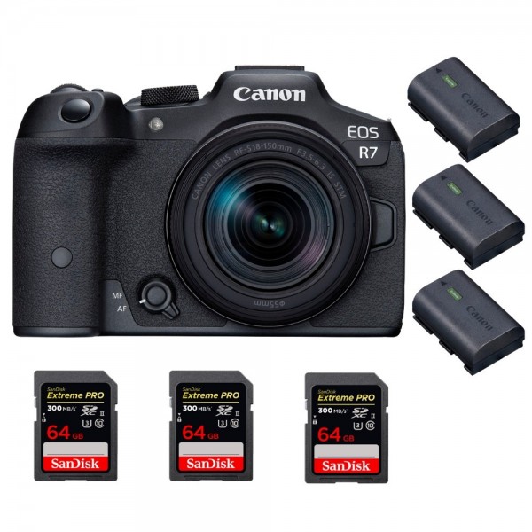 Canon EOS R7 + RF-S 18-150mm STM + 3 SanDisk 64GB Extreme PRO UHS-II SDXC 300 MB/s + 3 Canon LP-E6NH - Appareil Photo Hybride|MCZ DIRECT
