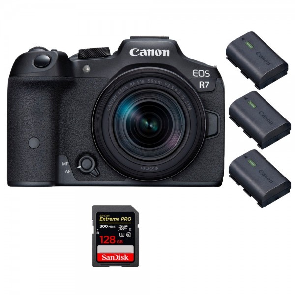 Canon EOS R7 + RF-S 18-150mm STM + 1 SanDisk 128GB Extreme PRO UHS-II SDXC 300 MB/s + 3 Canon LP-E6NH - Cámara mirrorless|MCZ DIRECT